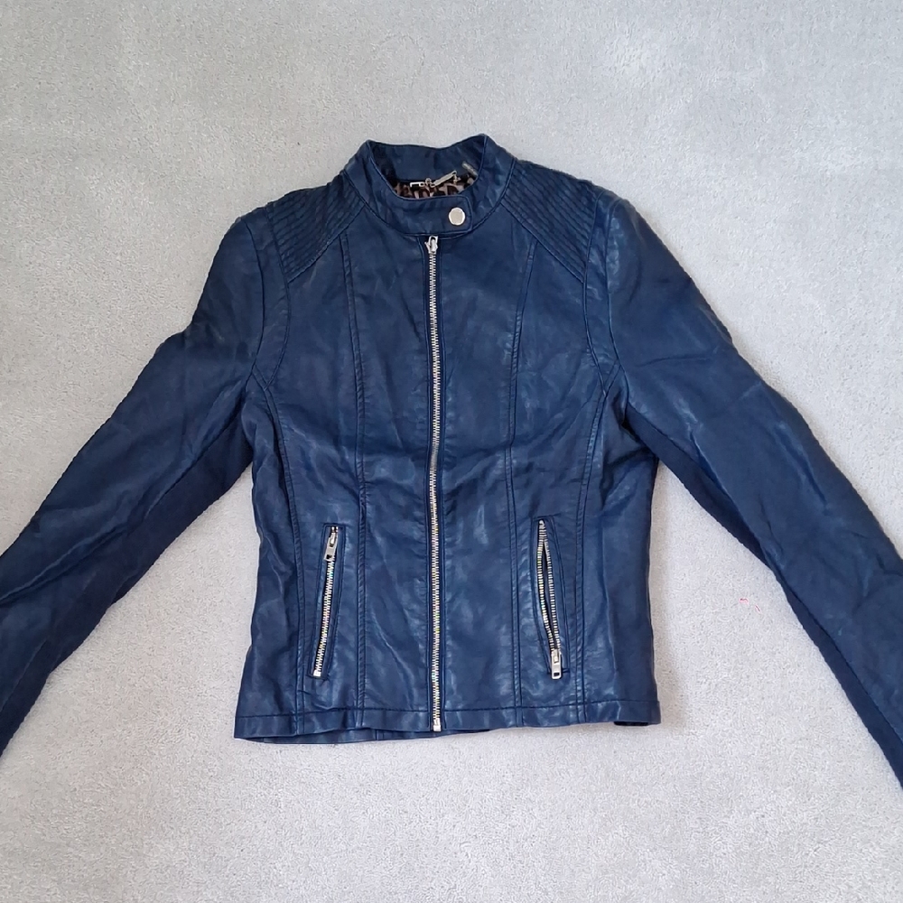 Black Rivet Navy Leather Zipper Jacket - Used Xs